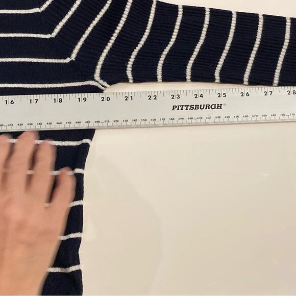 ATMOSPHERE Sweater Women US 6 Stripe Navy White V-neck Rib Long-Slv Slit Hi-Low - Picture 8 of 11